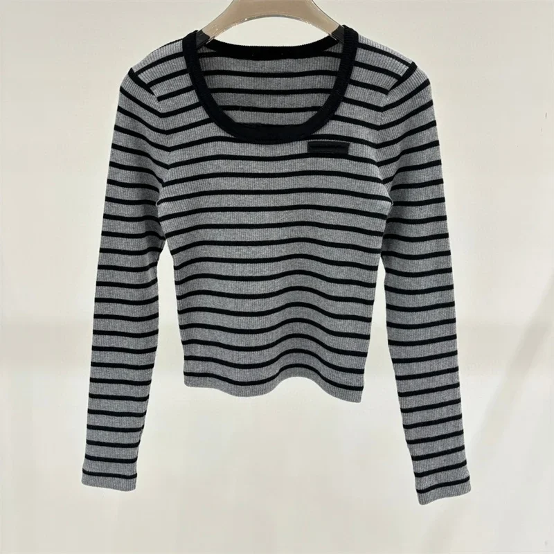 

For Women Knitted Cardigan J220368 Simple Casual Style Contrasting Colors Striped Slim Wool Knitted Round Neck Slim Long Sleeves