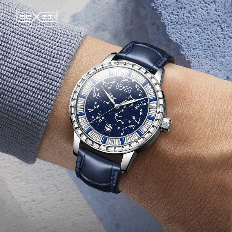 BEXEI 2025 affichage de la Date mouvement mécanique automatique 36 lunette en Zircon thème de la carte étoile astronomique montre homme saphir affaires