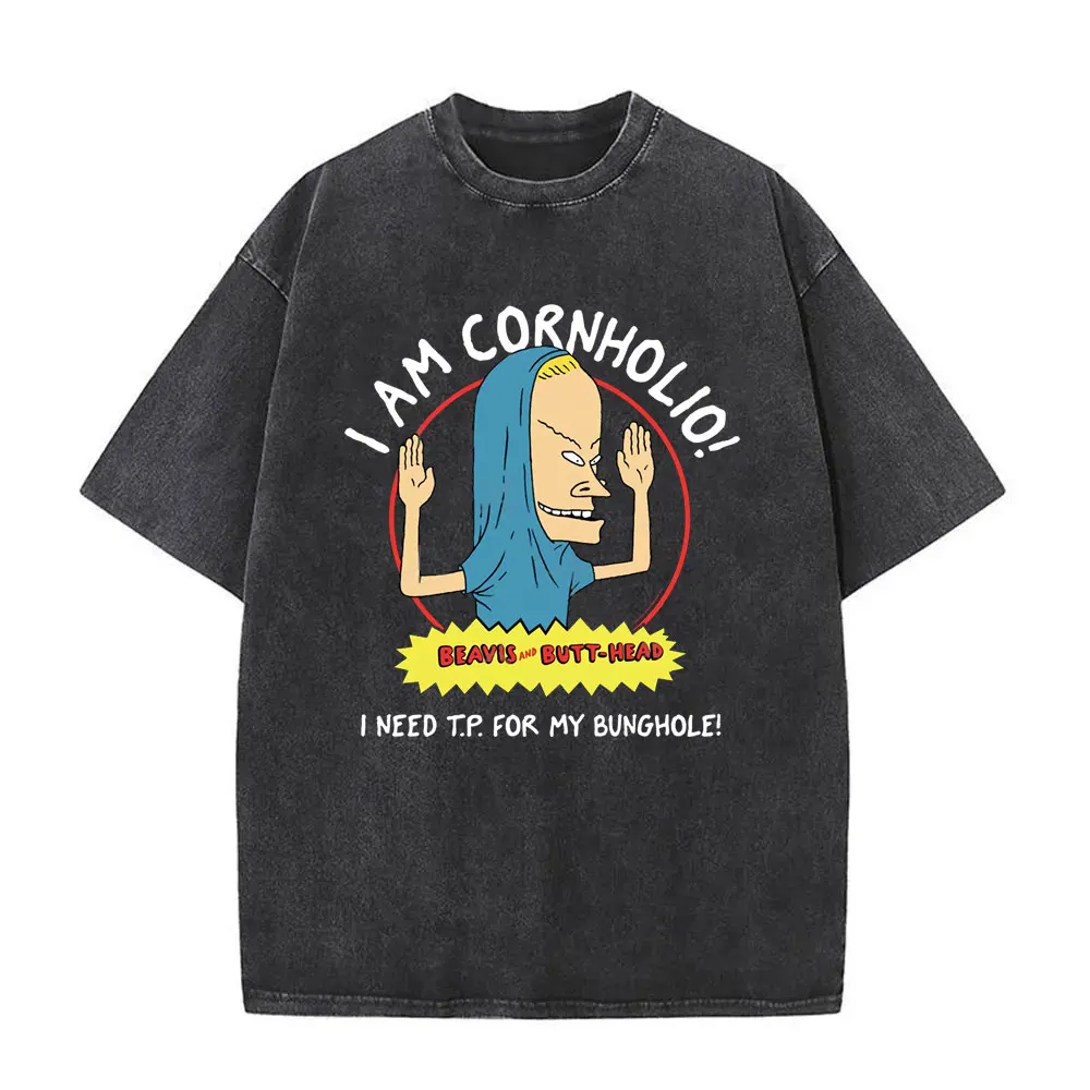 I Am The Great Cornholio Funny Meme T-shirt Beavis and Butt Head Vintage Washed T Shirts Men's Women Casual Oversized T-shirts