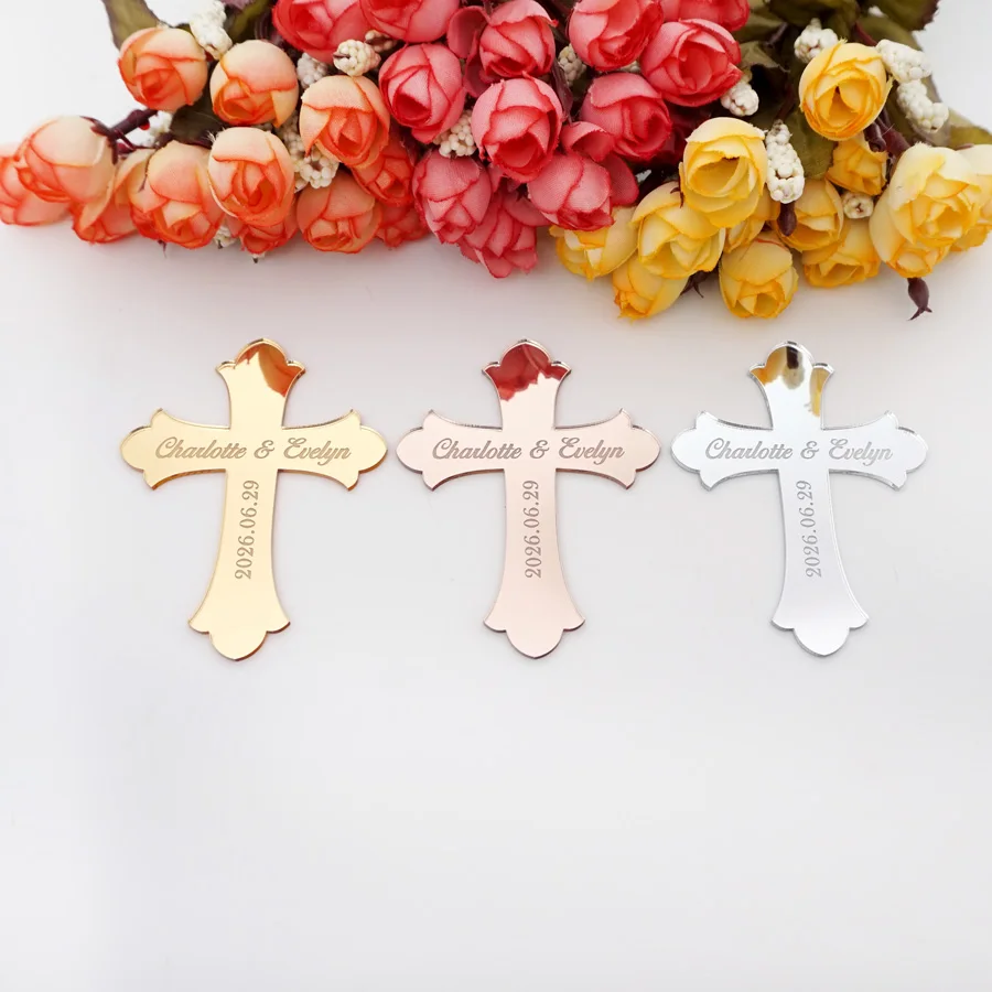 

20pcs/Lot 8cm Height 2mm Custom Mirror Cross Party Favors Prayer Personalized Name And Date Acrylic Tag Baptism Decoration