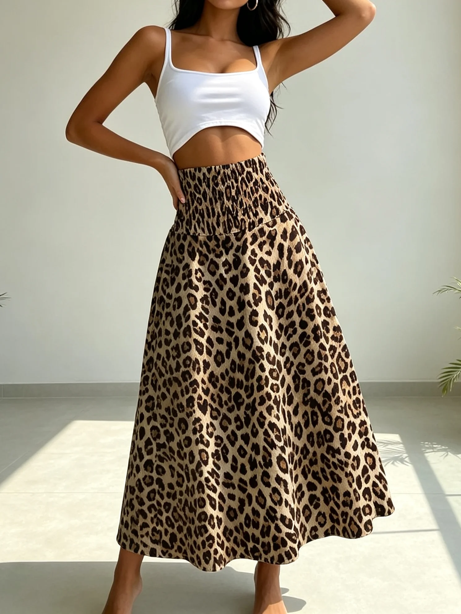 Women's Leopard Print Maxi Skirt High Waist Shirred Stretchy Casual Beach & Daily Wear Resort Style Swing Skirt