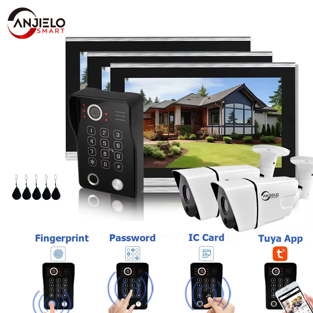 

ANJIELOFingerprint 5in1 разблокировка дверного звонка видеодомофон домашний сенсорный экран видеодомофон 1080P Tuya защита безопасности 3 монитора