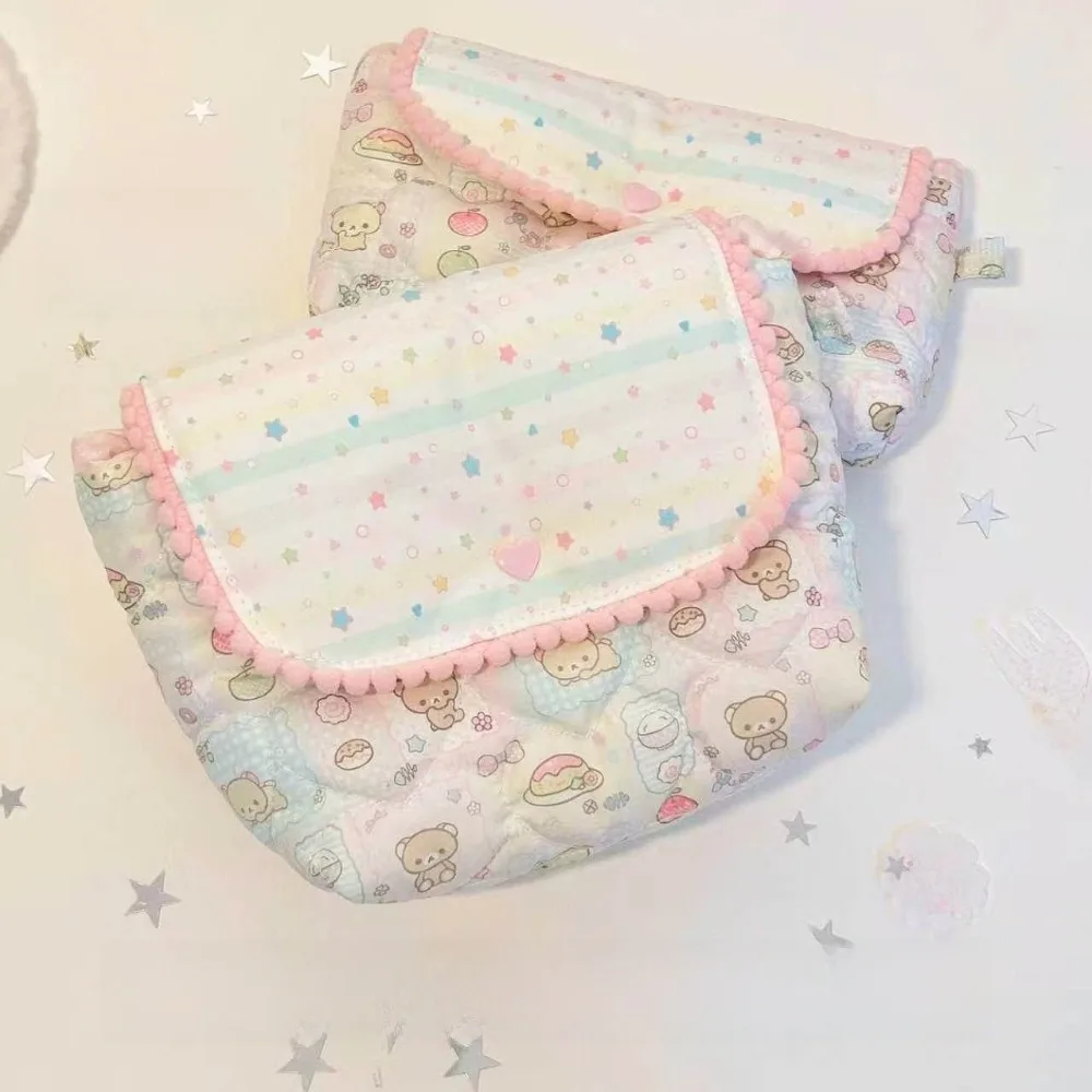 Cute Quilted Design Pencil Case Lace Flap Print Pattern Cosmetic Bag Zipper Closure Large Capacity Makeup Bag School Use