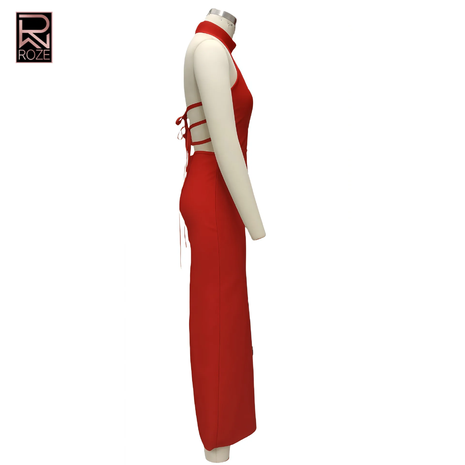 鮮やかな赤色の包帯風イブニングドレス - エレガントなハイネック、魅惑的なバックカットアウトとレースアップディテール、フォーマルな宴会やパーティー用ドレス