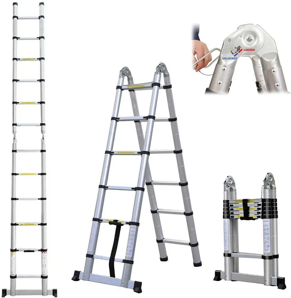 Frame Telescoping Ladder 12.5ft 6 + 6 Steps Adjustable Height with Support Bar Anti-Slip Feet, Folded Height 2.7ft Space Saving