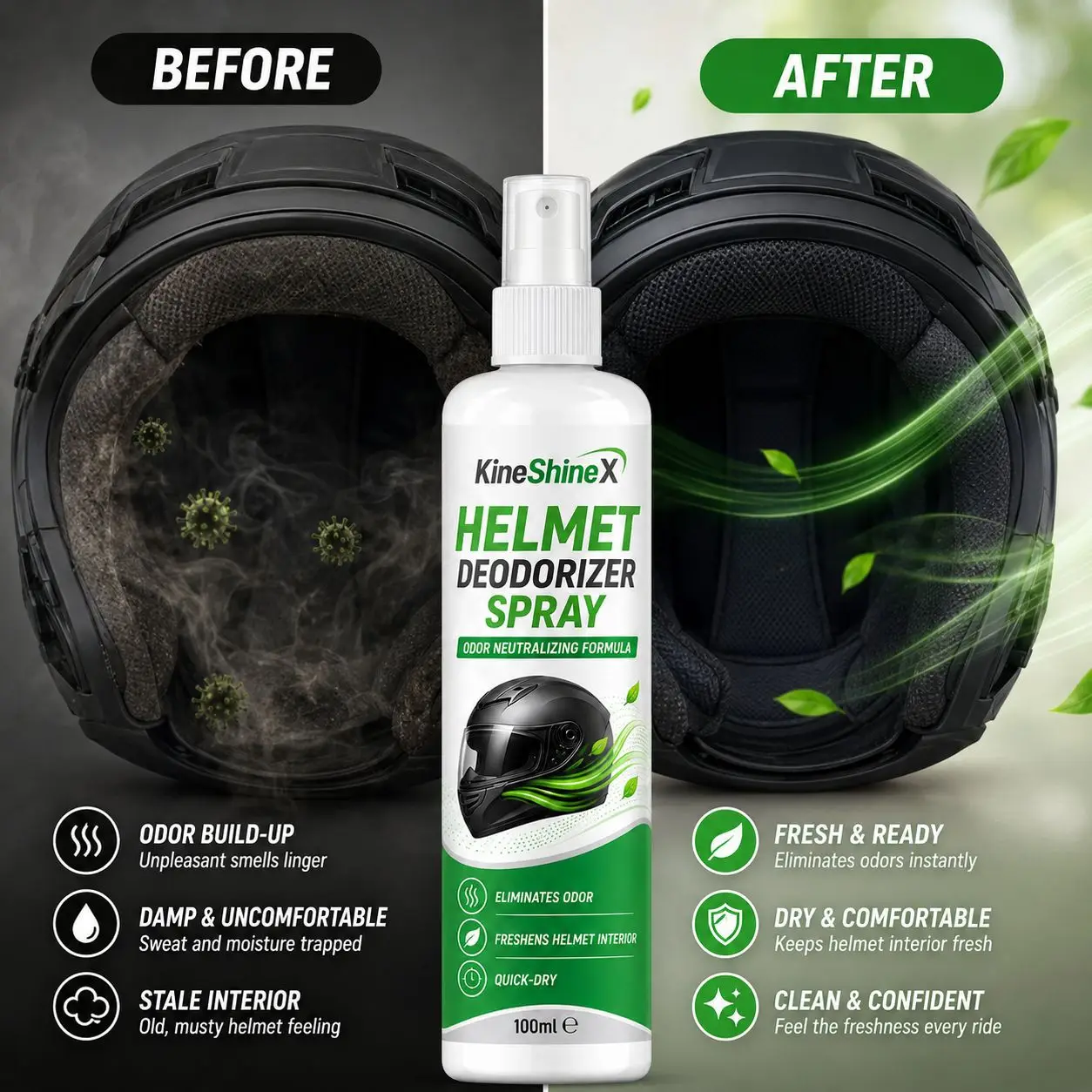 Helmet Deodorizer Spray 100ml – Odor Neutralizing Formula for Motorcycle, Bike & Sports Helmets, Quick-Dry, Freshens Interior view 2