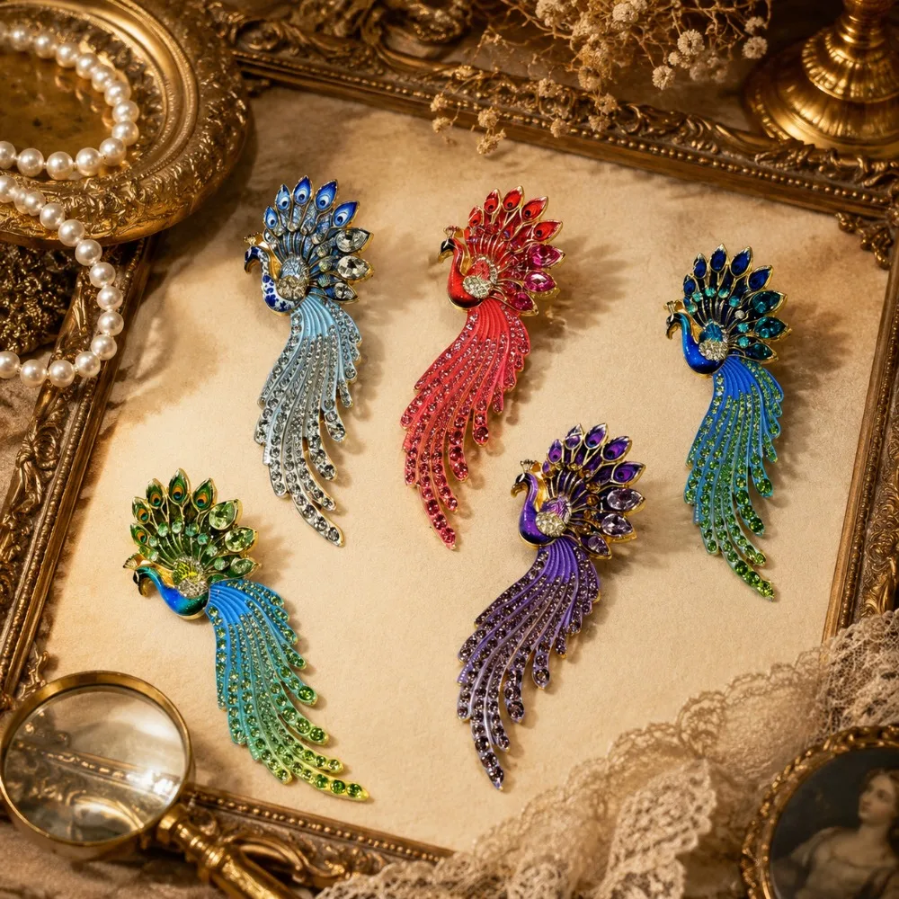 Vintage Multicolor Enamel Peacock Brooch For Women Full Rhinestone Long Tail Gold Plated Pin Wedding Coat Cheongsam Jewelry Gift