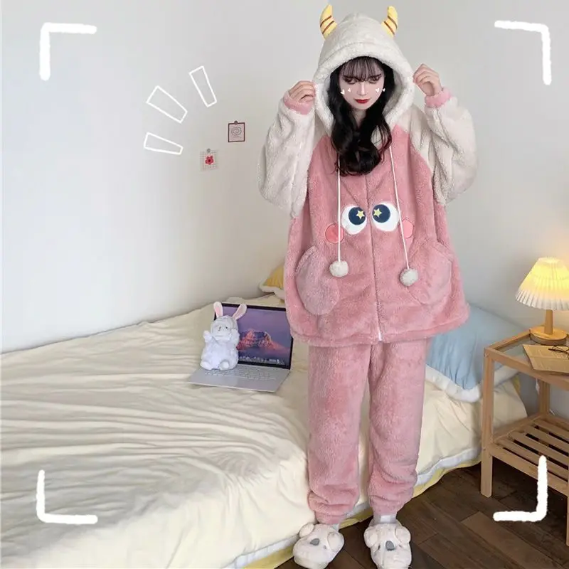 女性のためのかわいい小さなモンスターぬいぐるみパジャマ、女性の家の服、厚いコーラルウールのパジャマ、秋と冬、新しいデザイン、2024