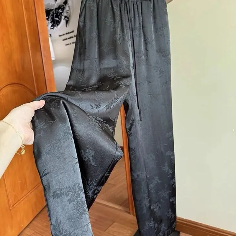 

Chinese Straight Elastic Waist Pants Women Jacquard Floral Satin Trousers Autumn Winter Soft Long Pant Slim Fit