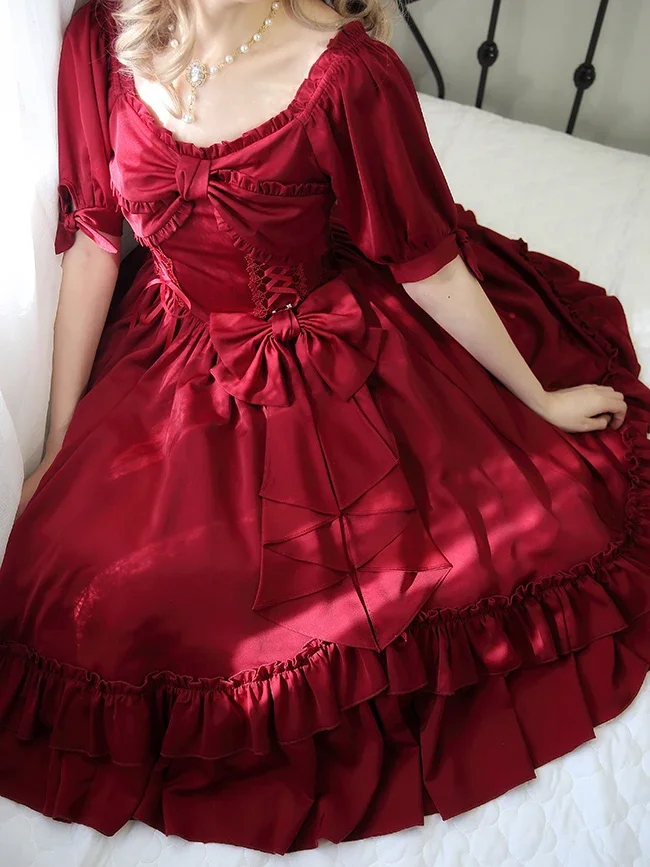 New Autumn Solid Color Lolita OP Dress Elegant Women\'s French Style Big Bow Ruffled Short Sleeve Slim Princess Calf-length Dress