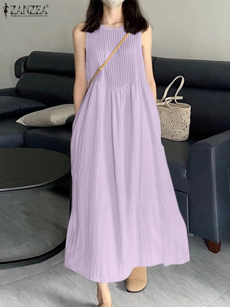 ZANZEA แฟชั่นฤดูร้อน Holiday Beach Dress ผู้หญิง Sundress 2025 สบายๆ O คอ Baggy Vestido Elegant Solid ชุดจีบ