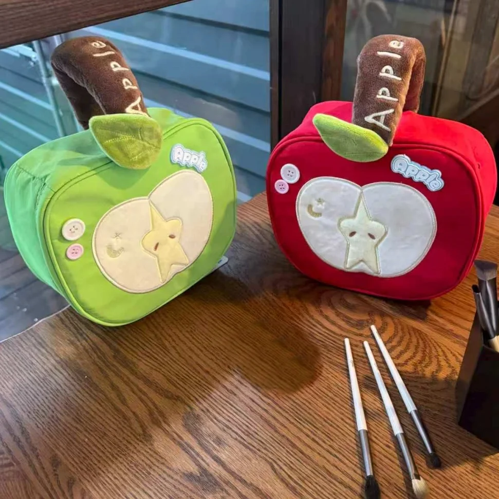 Cute Cartoon Apple Handheld Makeup Bag, 3D Partition Camera Pouch, Multi-Layer Desktop Storage Bag for Back to School
