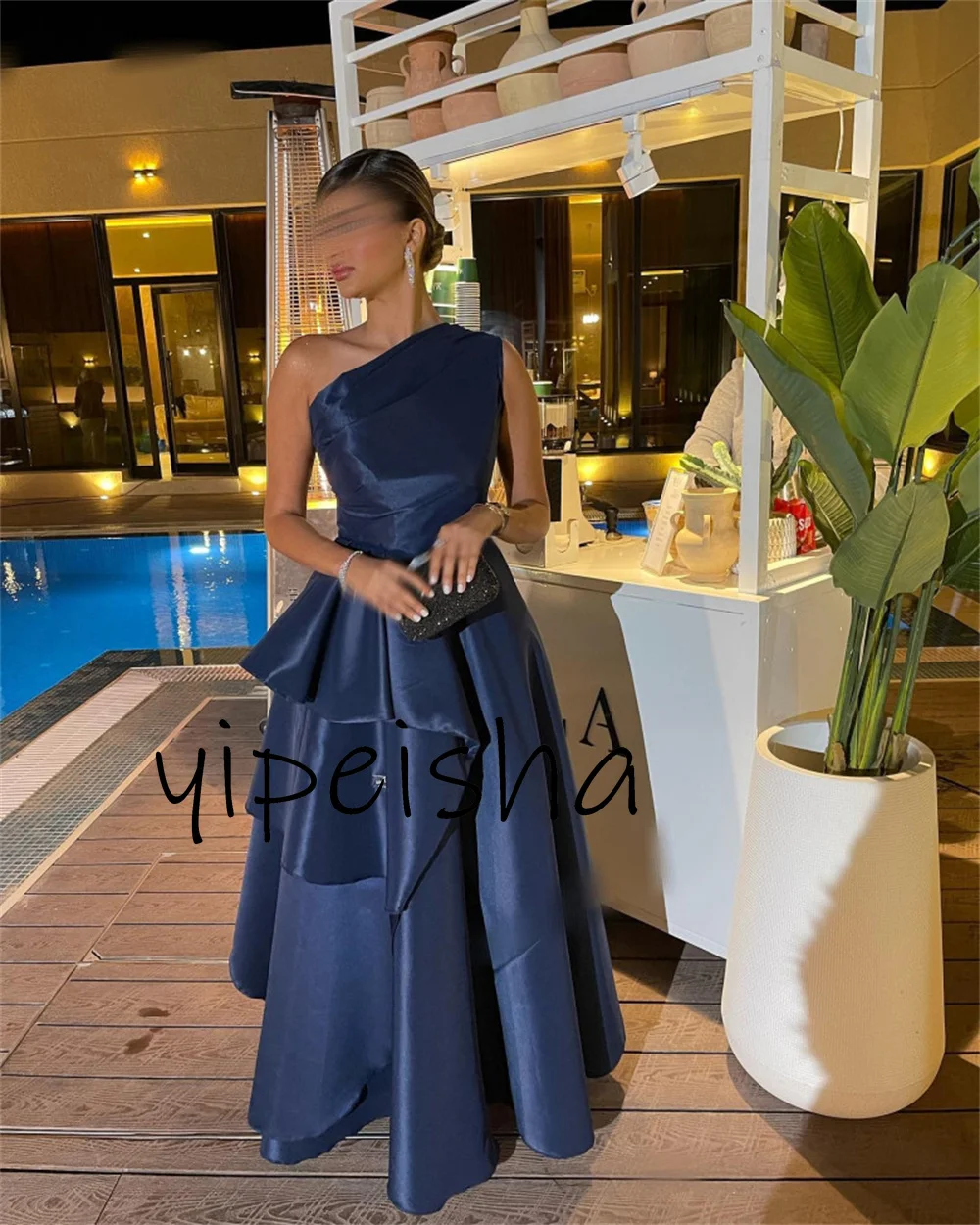 Customized Elegant Dark Blue Prom Dresses One-Shoulder A-line Evening Dresses Silk Sexy Floor Lenght Party Gowns