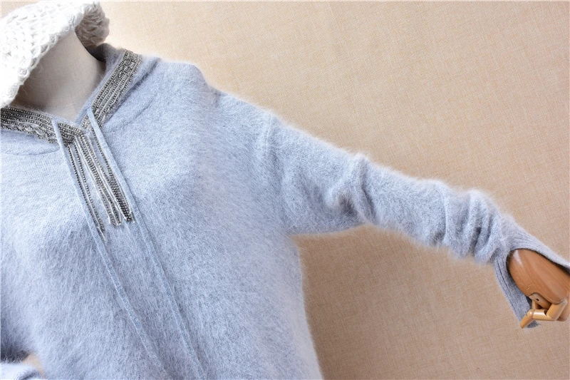 Ladies Women Autumn Winter Clothing Fashion Grey Beading Hairy Angora Rabbit Hair Knitted Hooded Split Loose Pullover Sweater