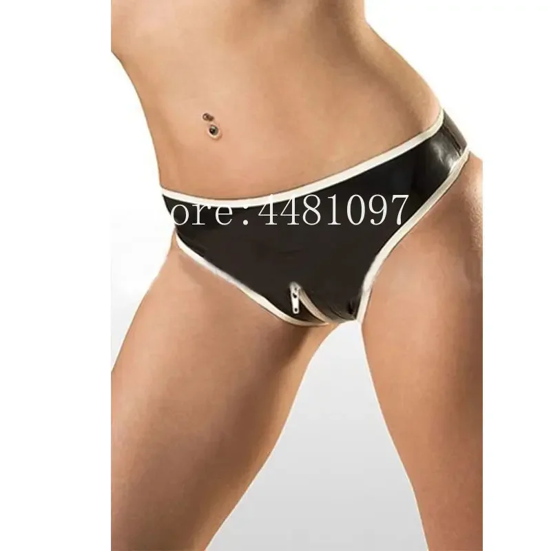 

Handmade Latex Shorts Briefs Rubber Panties Underwear Black with White Trim Crotch Zip Size XS-XXL