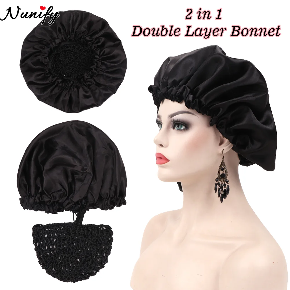 

Luxury Detachable Satin Sleep Bonnet & Crochet Mesh Wig Cap Soft Silky Hair Wrap for Curly Hair, Reusable Hair Net for Sleep