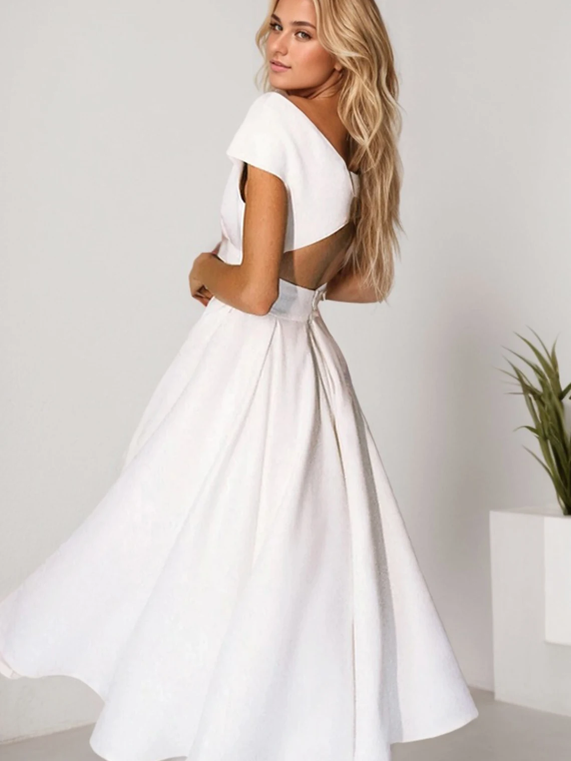 エレガントなAラインプロムイブニングドレス、Vネック、バックレス、ティーレングス、半袖、ストレッチ生地、ウェディングゲストドレス2025、無料カスタマイズ