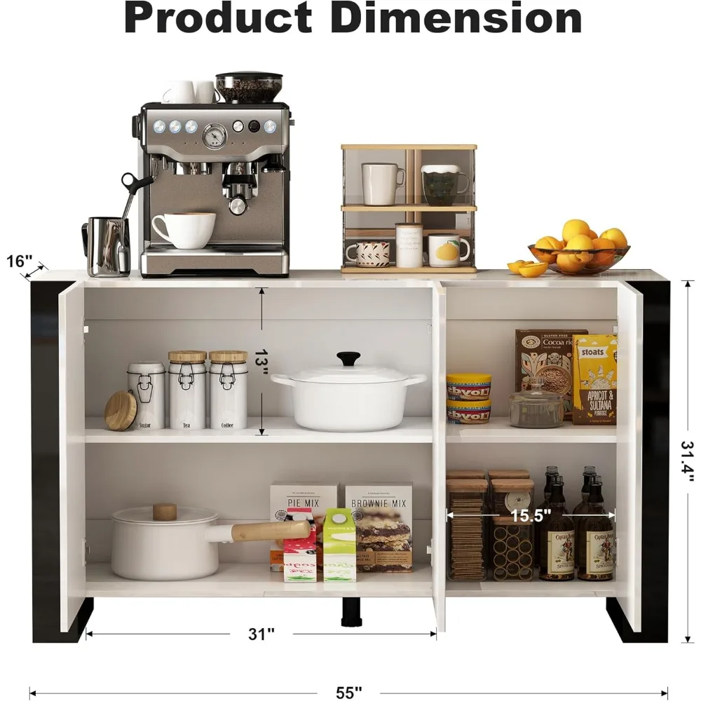 Szafka bufetowa z wysokim połyskiem i miejscem do przechowywania, szafka kuchenna z drzwiami i regulowanymi półkami, szafka kawowa