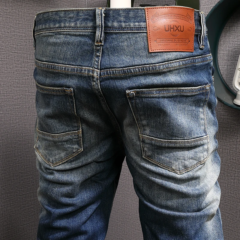 European Trend Fashion Men Jeans Retro Blue High Quality Elastic Slim Fit Ripped Jeans Men Vintage Designer Denim Pants Hombre