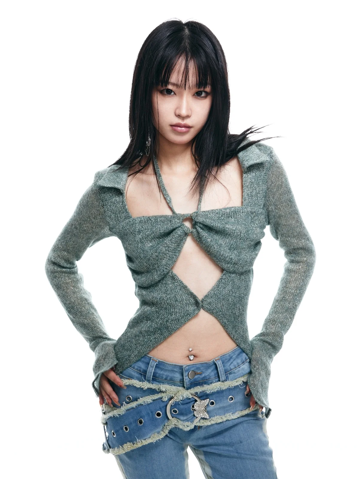 

Fuguen HuKim Autumn Winter Slim Fit een Knitted Top Belted Gathered Street Sle Long Sve Women's Faion Knitwear