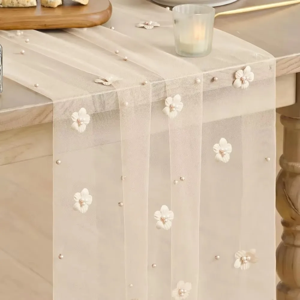 75*300CM Tulle Table Runner Polyester Semi-Transparent Floral Table Runner Romantic Vintage Sheer Table Cover