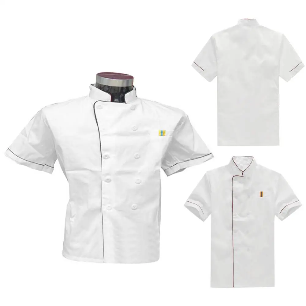 Men Short Sleeve Double-breasted Chef Waiter Work Uniform Catering T-shirt Top