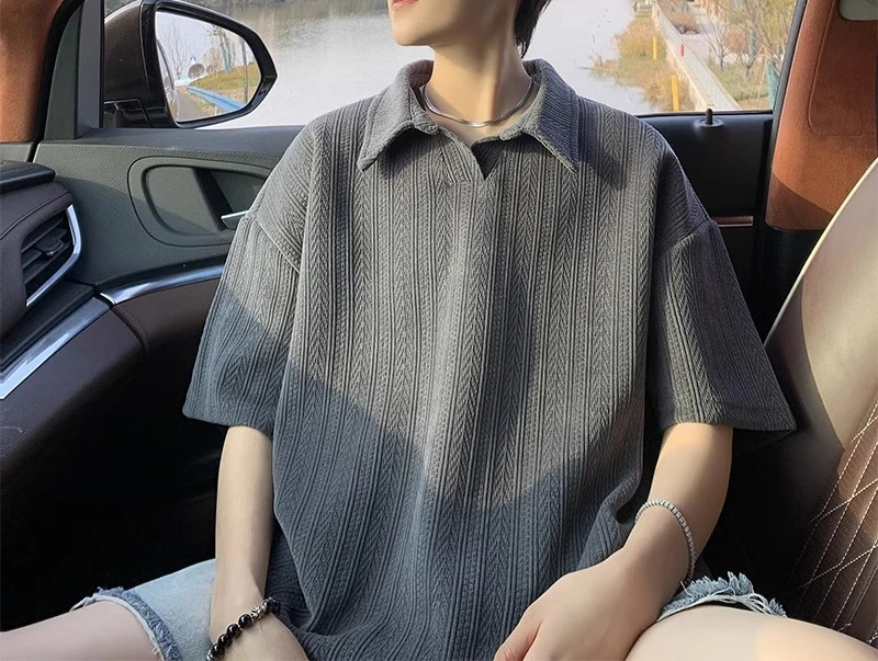 Wheat Ear Pattern Short-sleeved T-shirt Men's 2026 Summer Loose Casual Gray T-shirt Lapel Polo Shirt Men's