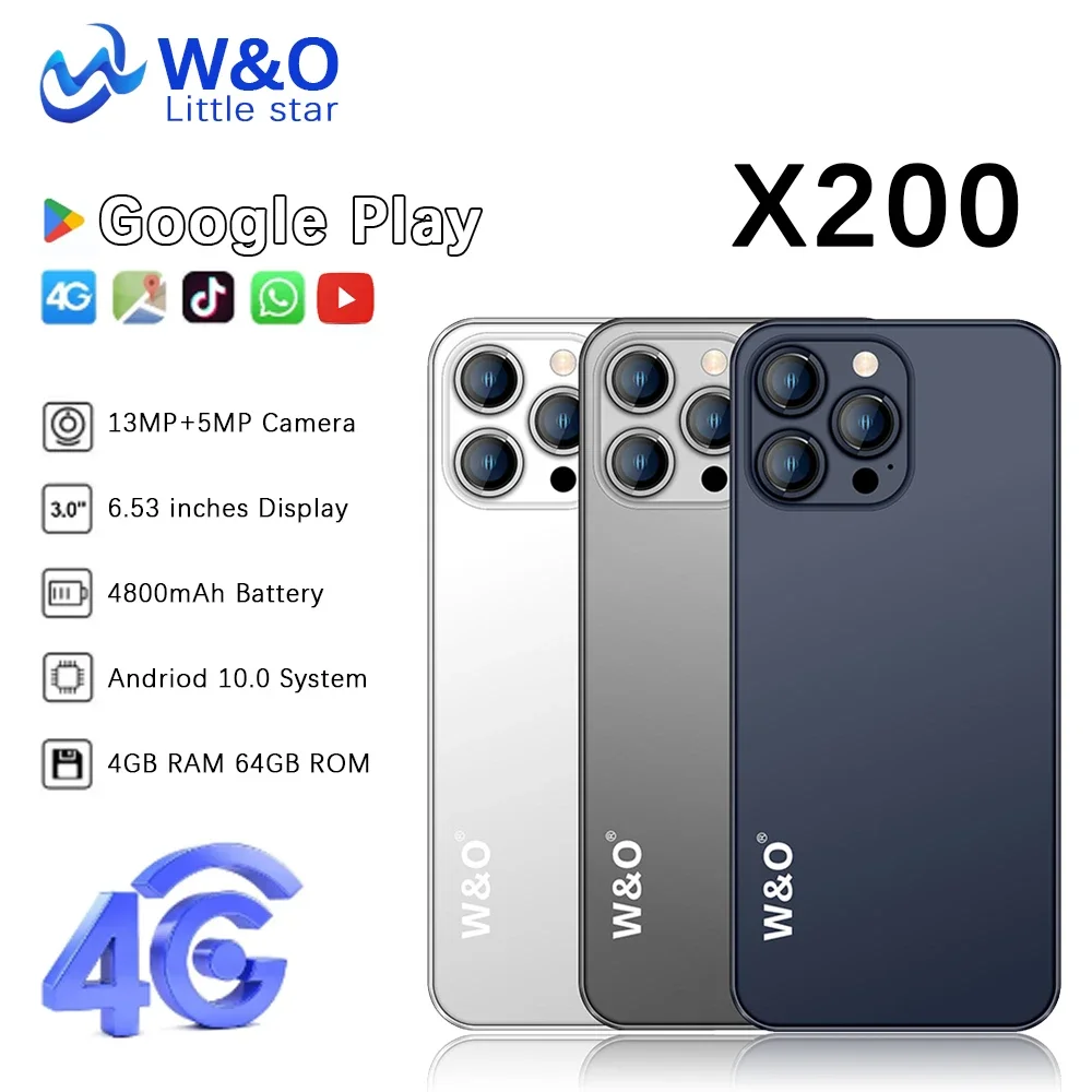 W&O X200 4G Smartphone Android 4GB RAM+64GB ROM Mobile Phone 6.53 Inch Dual SIM 4800mAh Battrey 5+13MP Camera Cell Phone on Sale