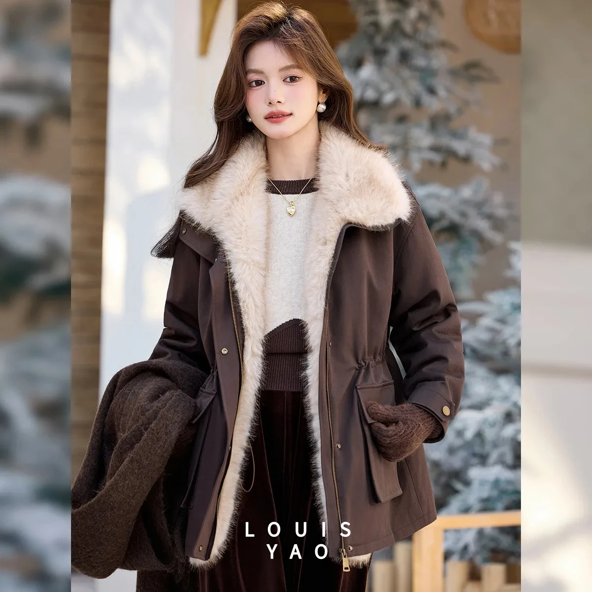 LOUIS YAO Workwear style Women's Jacket 2025 Autumn/Winter Jacket Plush Design lapel collar Mid-Length Fleece-Lined Thick Coat