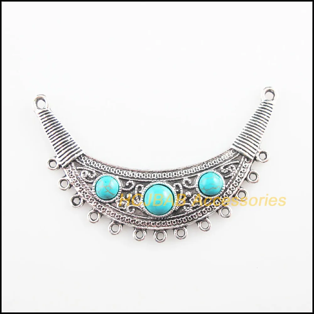 2Pc Retro Tibetan Silver Stone Moon Charms Pendants Connectors 40x67.5mm