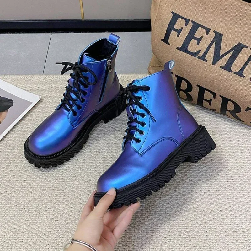 Botas cortas de cuero lacado brillante para mujer, zapatos informales antideslizantes, duraderos, a la moda europea y americana, para viaje y