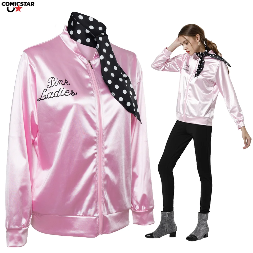 Conjunto de disfraz de Cosplay de grasa rosa para mujer, chaqueta Retro para adulto, abrigo de otoño, disfraz de animadora para niñas y mujeres, traje de Halloween, ropa