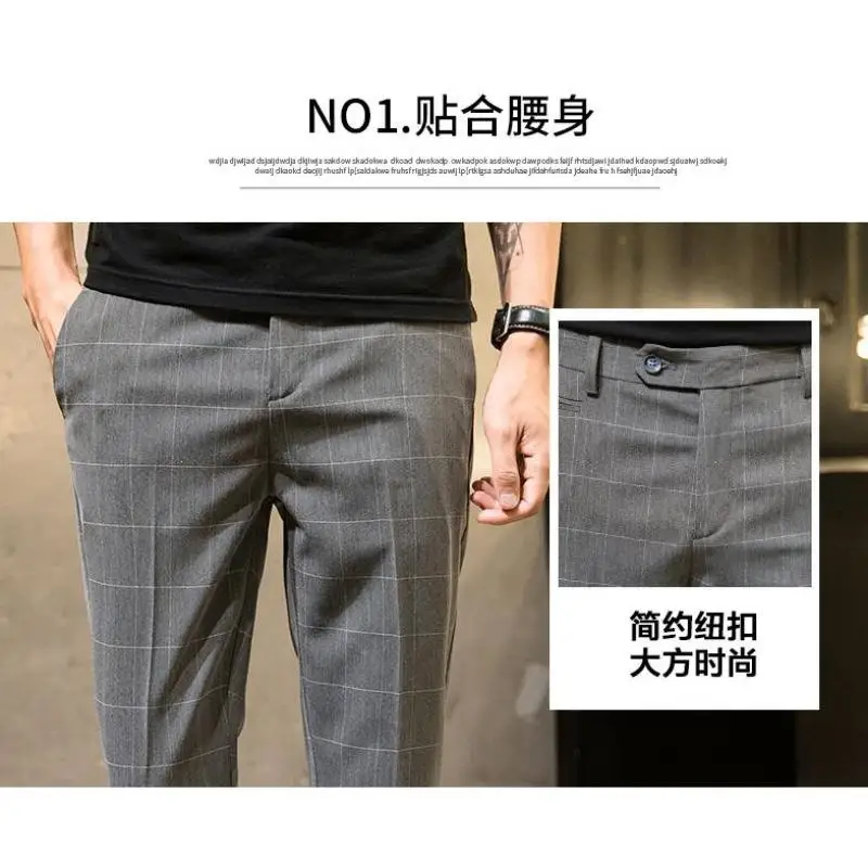 Size 28-34 Men Plaid Ankle-length Pants Casual  Korean Style Straight Slim  Chinos  Trousers No Ironing