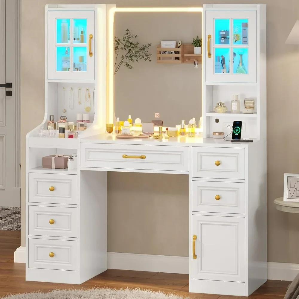 Vanity Desk, 2 RGB Cabinets & Power Outlet, Large Makeup Vanity with 6 Drawers, 7 Shelves, 3 Light Modes, Touch Screen Mirror