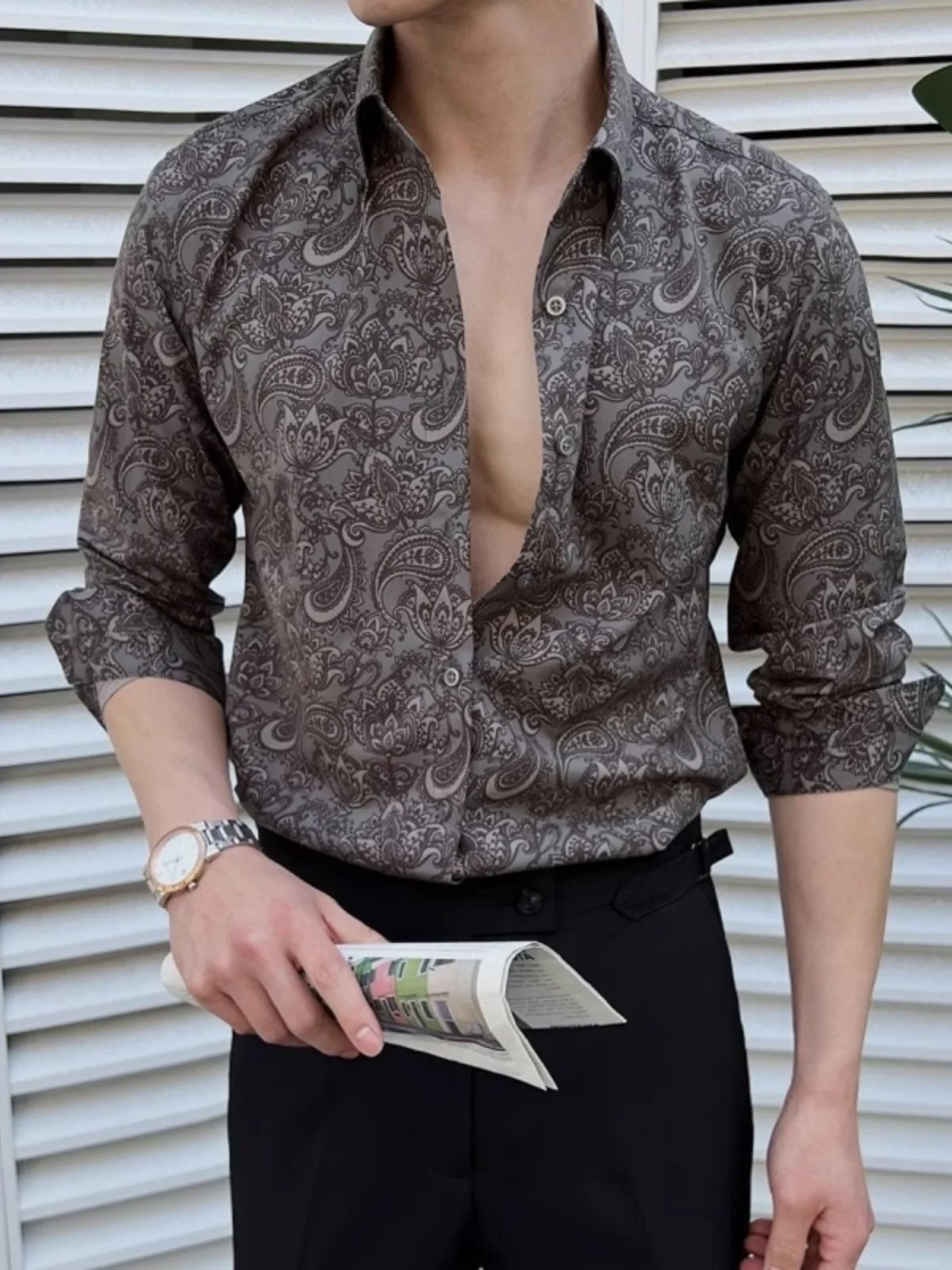

Faionable Retro Long Sve Men's irt Floral Print Slim Fit Korean Sle Casual irt Spring Autumn Wear for Daily Use