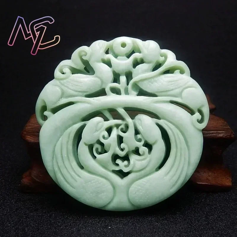 Natural Guizhou Emerald Stone Hollow Carved Lucky Dragon Animal Flower Pendant Necklace Jewellery Fashion Amulet Luck Gift Women