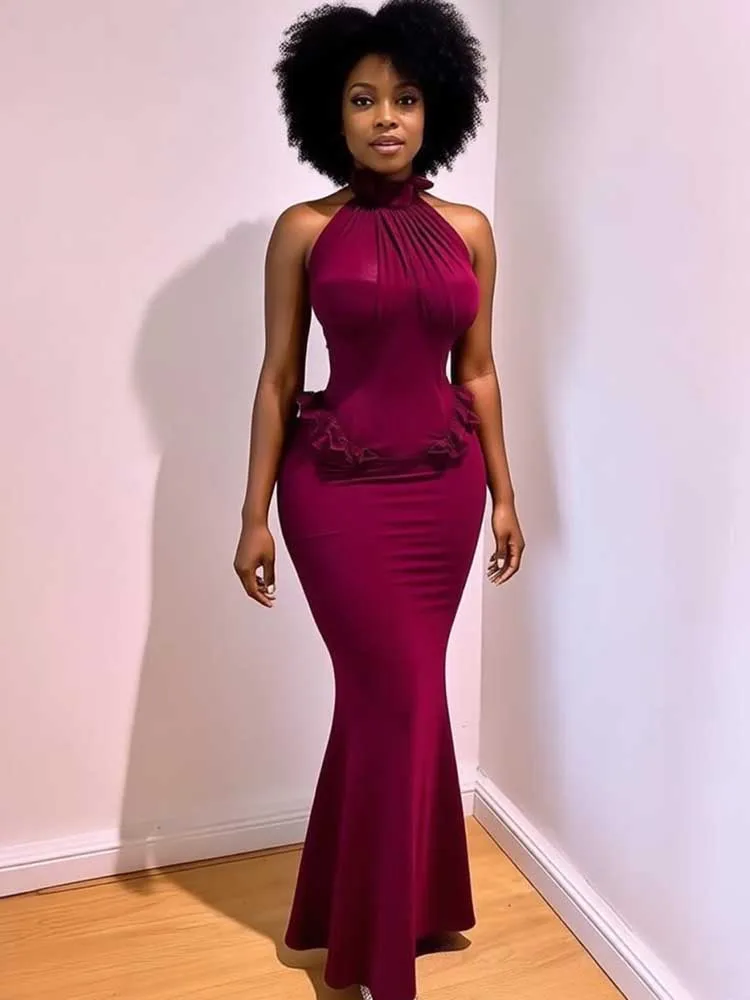 Red Luxury Dress Birthday Off The Shoulder Elegant Halter Neck Dress Woman Waist Slimming Evening Dress Wholesale Dropshipping