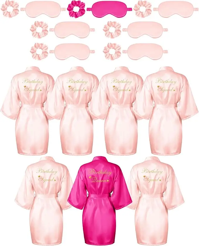 21 Pcs Women Birthday Party Robe Set Queen Squad Kimono Satin Bathrobes with Eye Mask and Scrunchie for Birthday