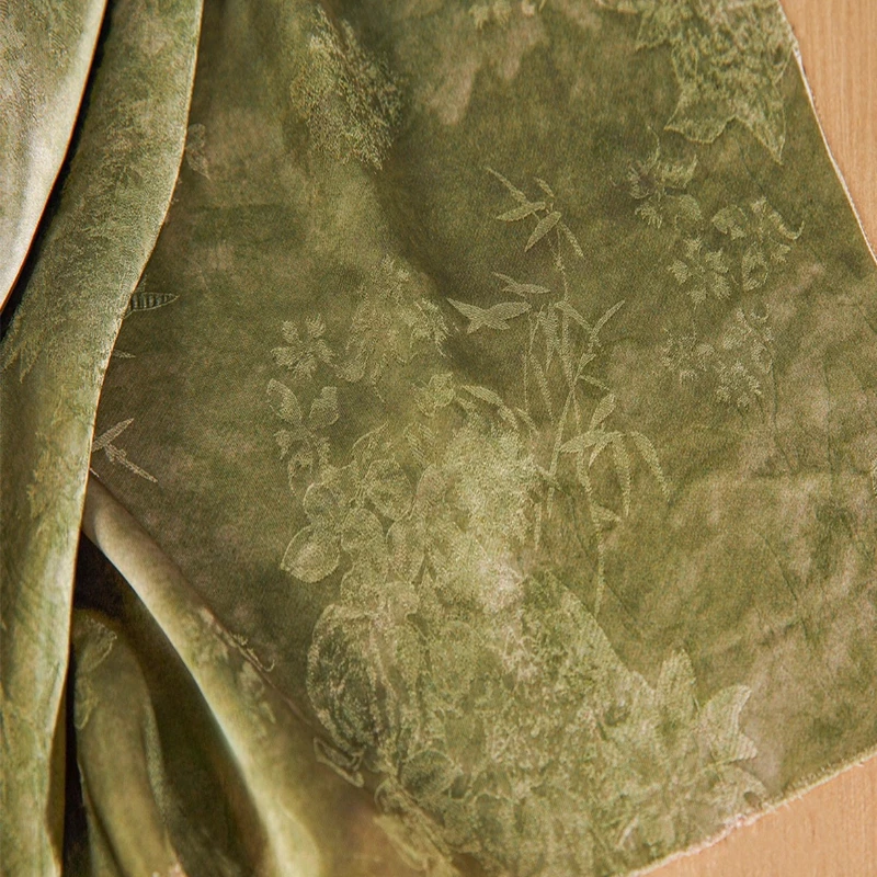 

Satin Fabric Home Vintage Green Bamboo Floral Shadow Pattern Double Sided Chinese Style Cheongsam DIY Designer Crafts Materials