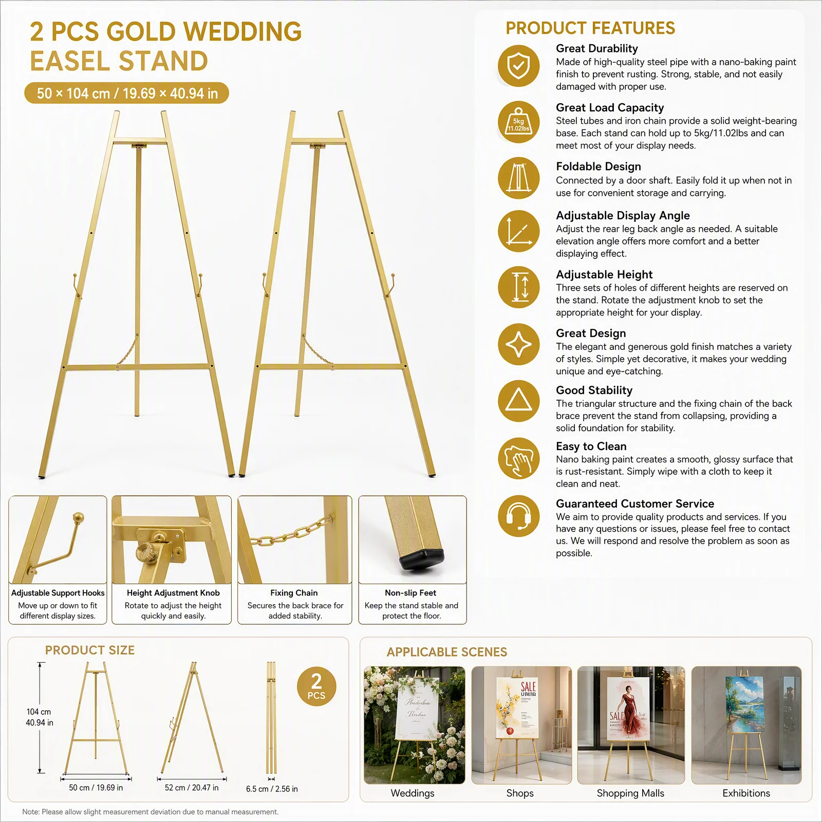 2-Pack Tall Steel Pipe Portable Floor Easel Stand Gold Finish, Adjustable Height & Angle Wedding Display Easel for Signs Posters Paintings, Foldable Heavy Duty 11.02lbs Capacity for Exhibitions Shops Events