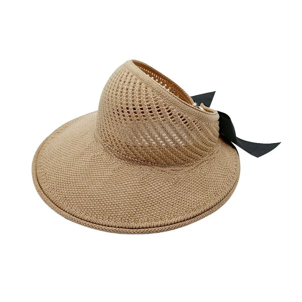 Women Sun Hat Portable Foldable Wide Beach Hat Women Empty Top Visors Cap Bow Tie Breathable Hat Foldable Anti-UV Female Cap