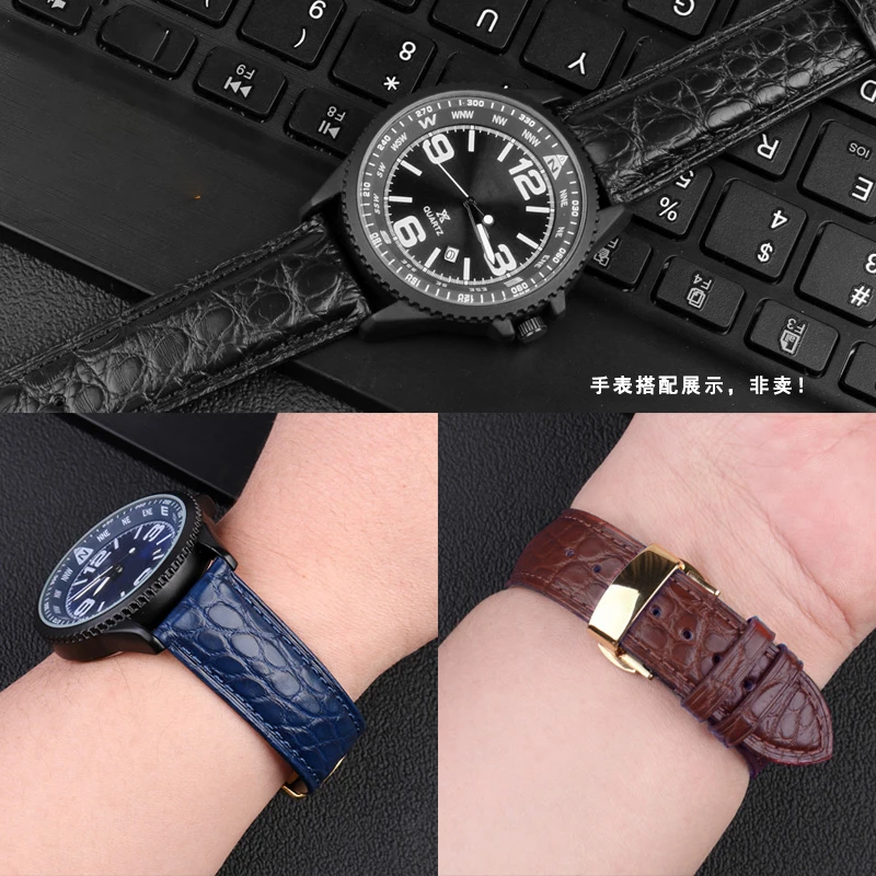 Gelang tali kulit buaya Tudor, 20mm 21mm 22mm Untuk Tudor, gelang tali kulit buaya hitam Bay 1926 Heritage tanggal ganda