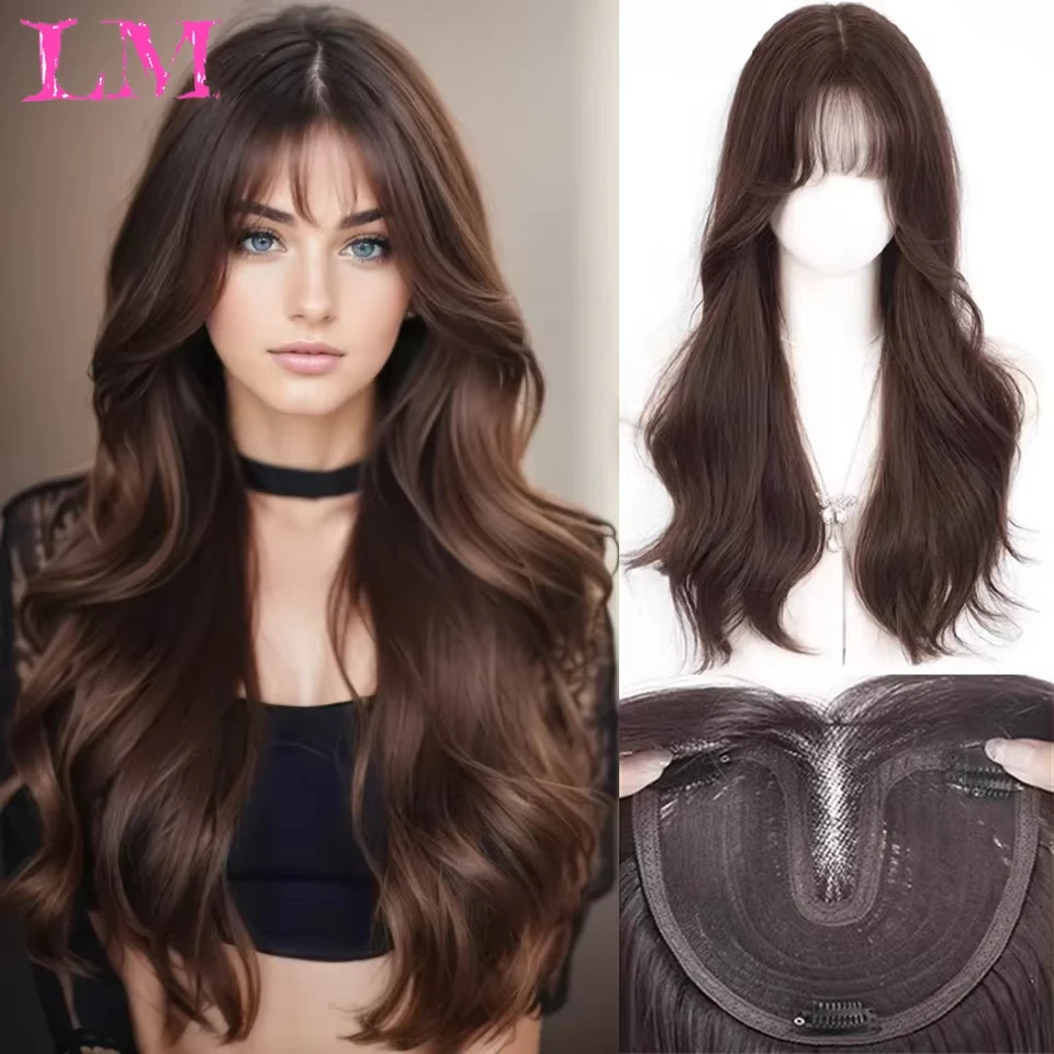 LM Synthetic Replacement Wig With Bangs Top Hair Pieces Half Head Cover White Hair Straight Natural Invisible Replacement Fake H