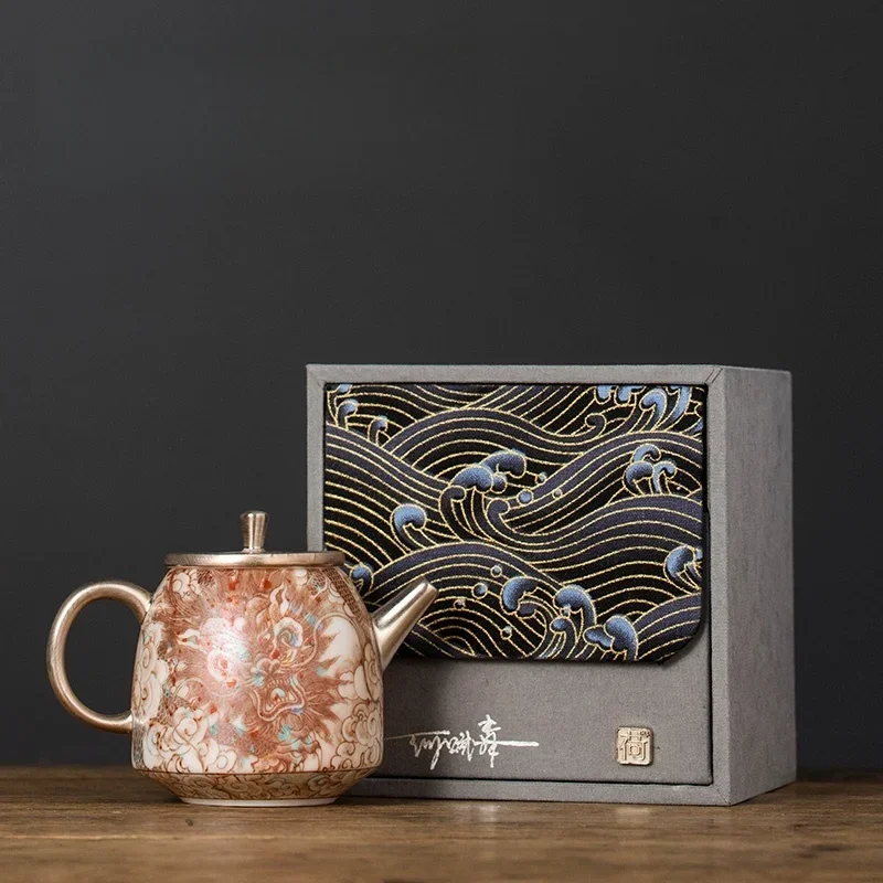 150ML Master He Fusen Chinese Style Teapot Silver Gilded Dragon Teapot Retro Ceramic Teapot Gift Box Kungfu Tea Set Tea Ceremony