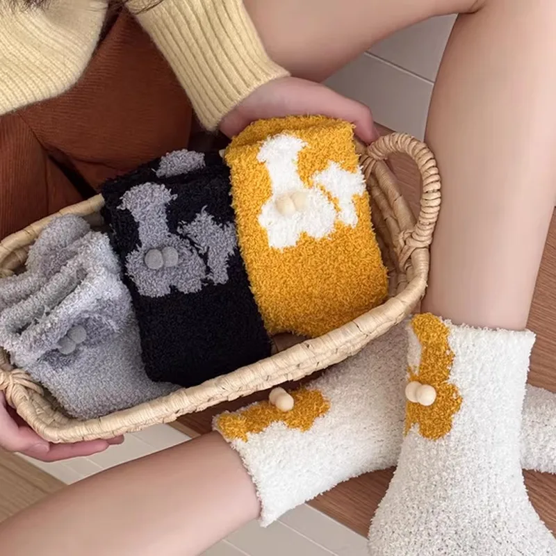 

Winter Coral Fleece Cartoon Ball Cat Socks Warm Fluffy Sleep Floor Sock Cute Warm Thicken Home Wear Long Socks for Couple y2K