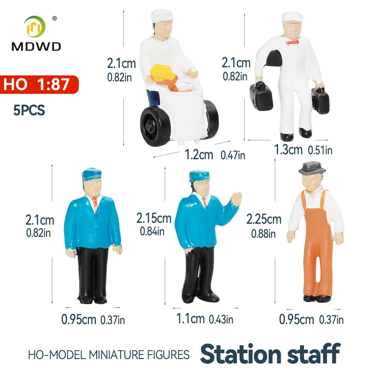 5PCS HO 1:87 Scale Station Staff Miniature Figures, Plastic Service Personnel Diorama Set for Railway Airport Hotel Scene