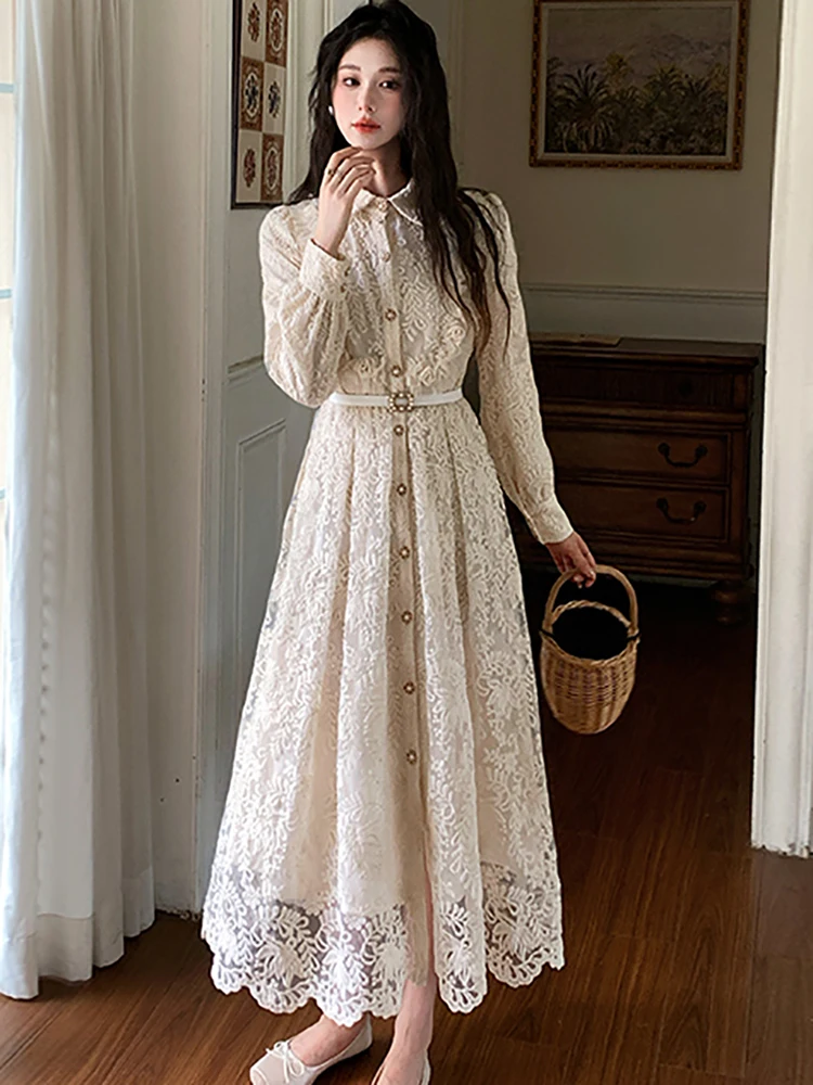 Herbst Spitze Stickerei Langarm Polo Kragen Hemd Kleid Frauen Elegante Verband Kleid 2025, Koreanische Vintage Luxus Abendkleid