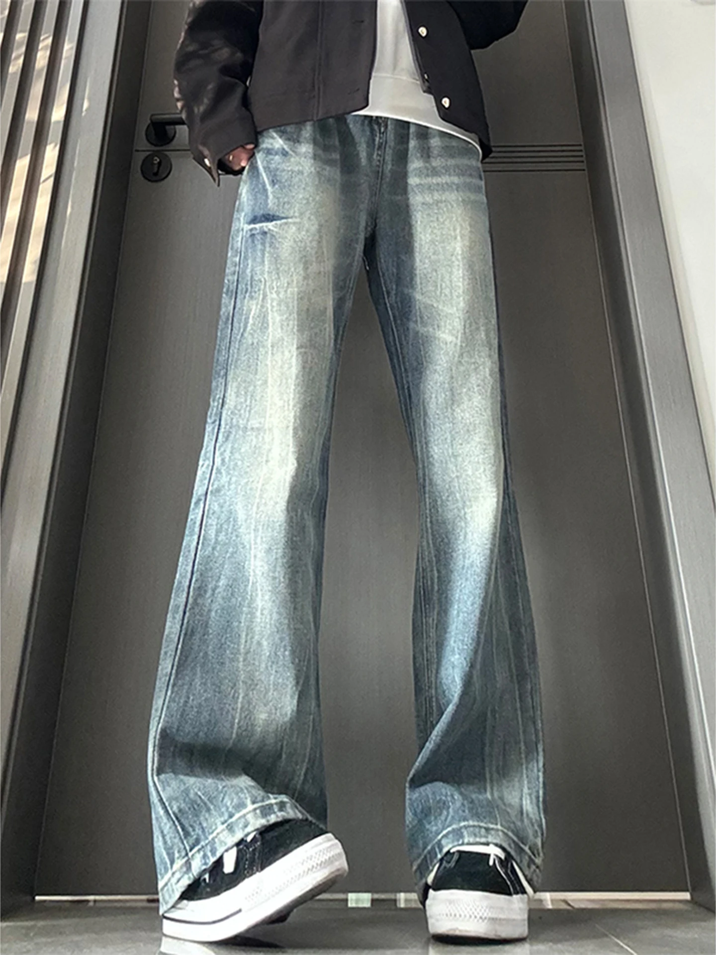 

Blue Fce Lined Thiened Slim Straight Leg Jeans Men's Water Waed Lightning Pattern High Waist Straight Tube Pants