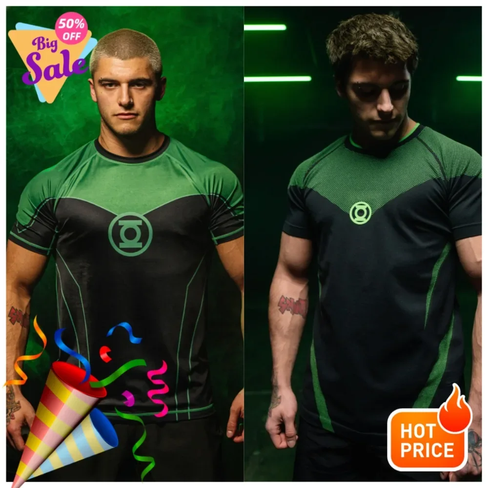 Unisex Quick Dry Short Sleeve Rash Guard, Green Black Geometric Line Print Compression Sport T Shirt for Men Women Gym Workout
