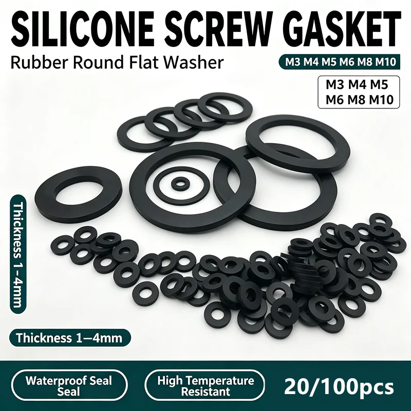20/100Pcs Silicone Rubber Flat Washer M3 M4 M5 M6 M8 M10 Round Screw Gasket 1-4mm Thick Vibration Damping Rubber Gaskets